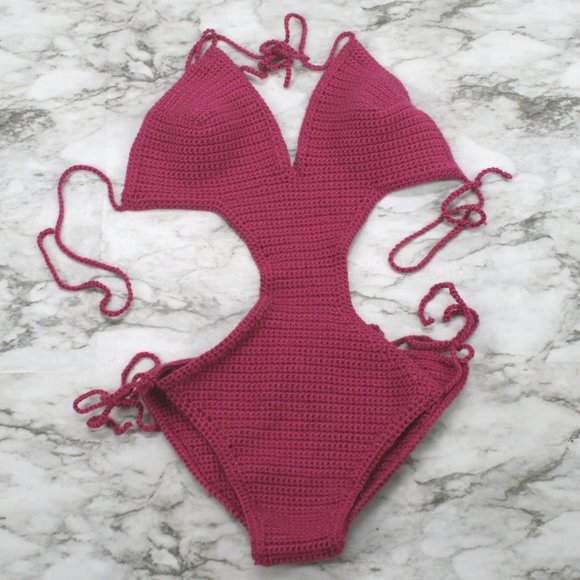 HAND CRAFTED Swimsuit Crochet Monokini Low Cut Boho Magenta Hot Pink Medium - Picture 7 of 13